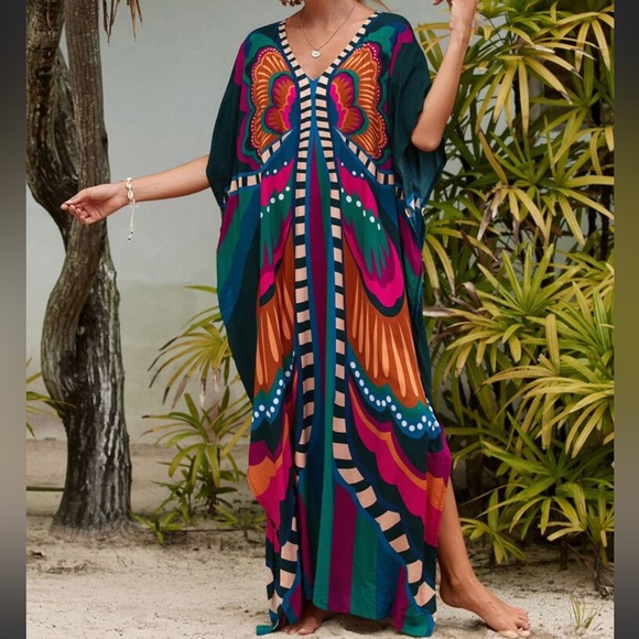 Boho Vibrant Butterfly Print Slit Kimono Kaftan Dress - Picture 6 of 12